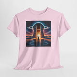 Detailed image of the printing quality on the Sci-Fi Gateway T-Shirt with cosmic art.