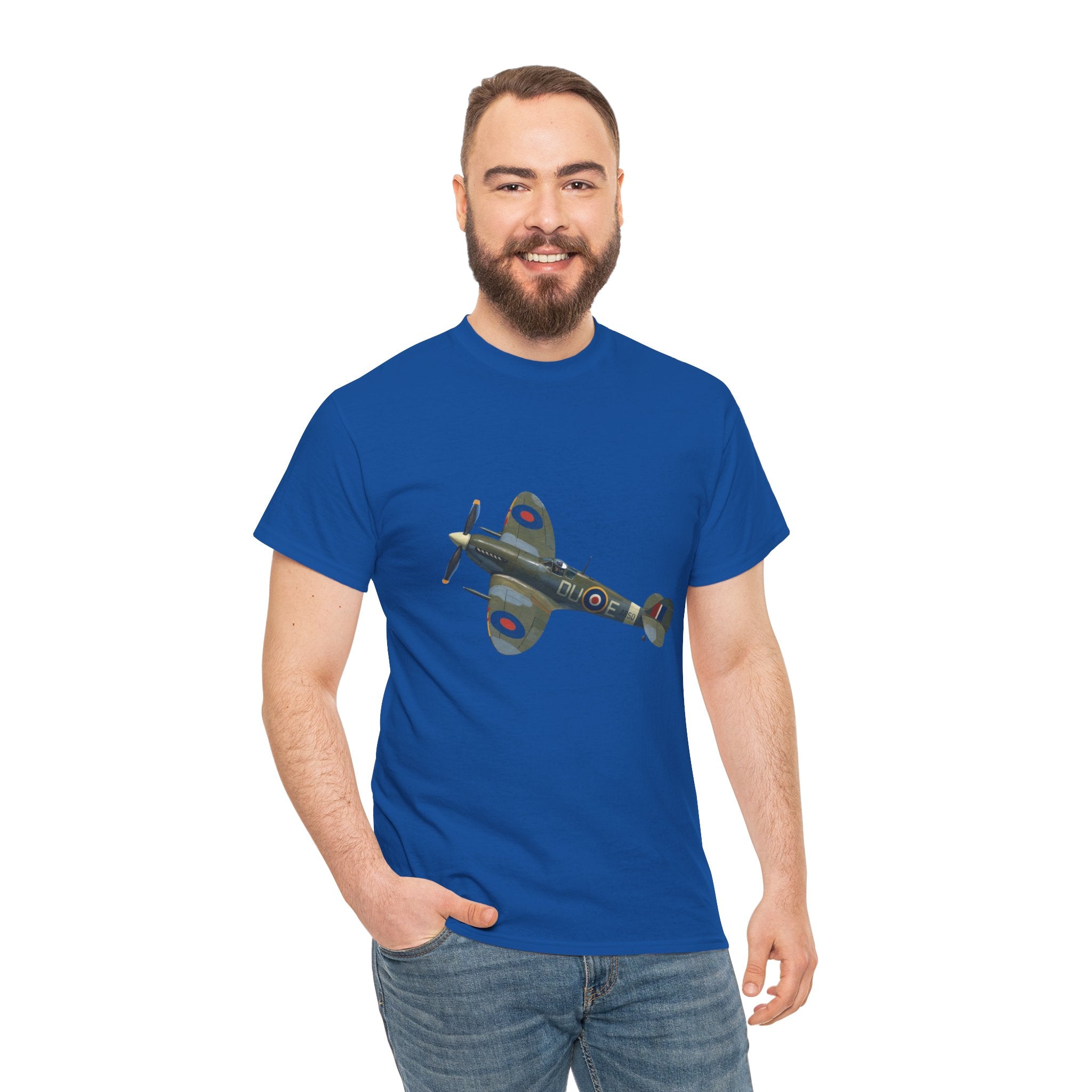 Close-up of the vintage WWII Spitfire Fighter Plane T-Shirt showcasing fabric texture and collar design