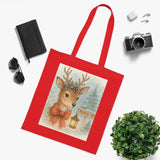 Christmas Reindeer Tote Bag shown with a light dusting of snow, capturing its winter charm.
