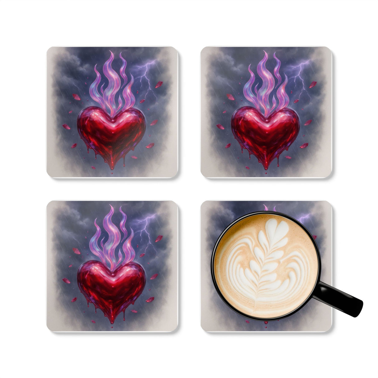 Flaming Heart Cork Coaster Set showcasing four unique coasters, ideal as a gift for lovers of unique home accessories.