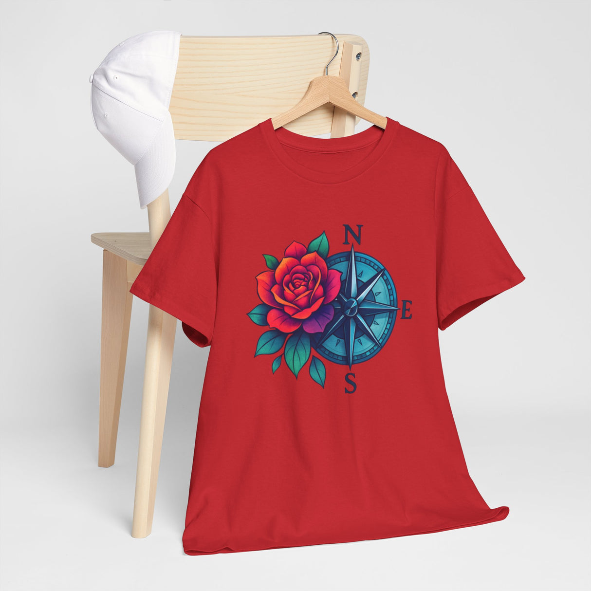 Artfully designed Compass Rose Tee — Red Rose Nautical Compass Graphic T-Shirt that captures attention.