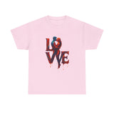 LOVE Couple Silhouette T-Shirt — Romantic Dripping Love Design worn casually, ideal for gallery nights and coffee dates.