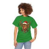 Casual look with the Christmas Reindeer Tee, featuring a cheerful reindeer in a Santa hat for holiday fun.