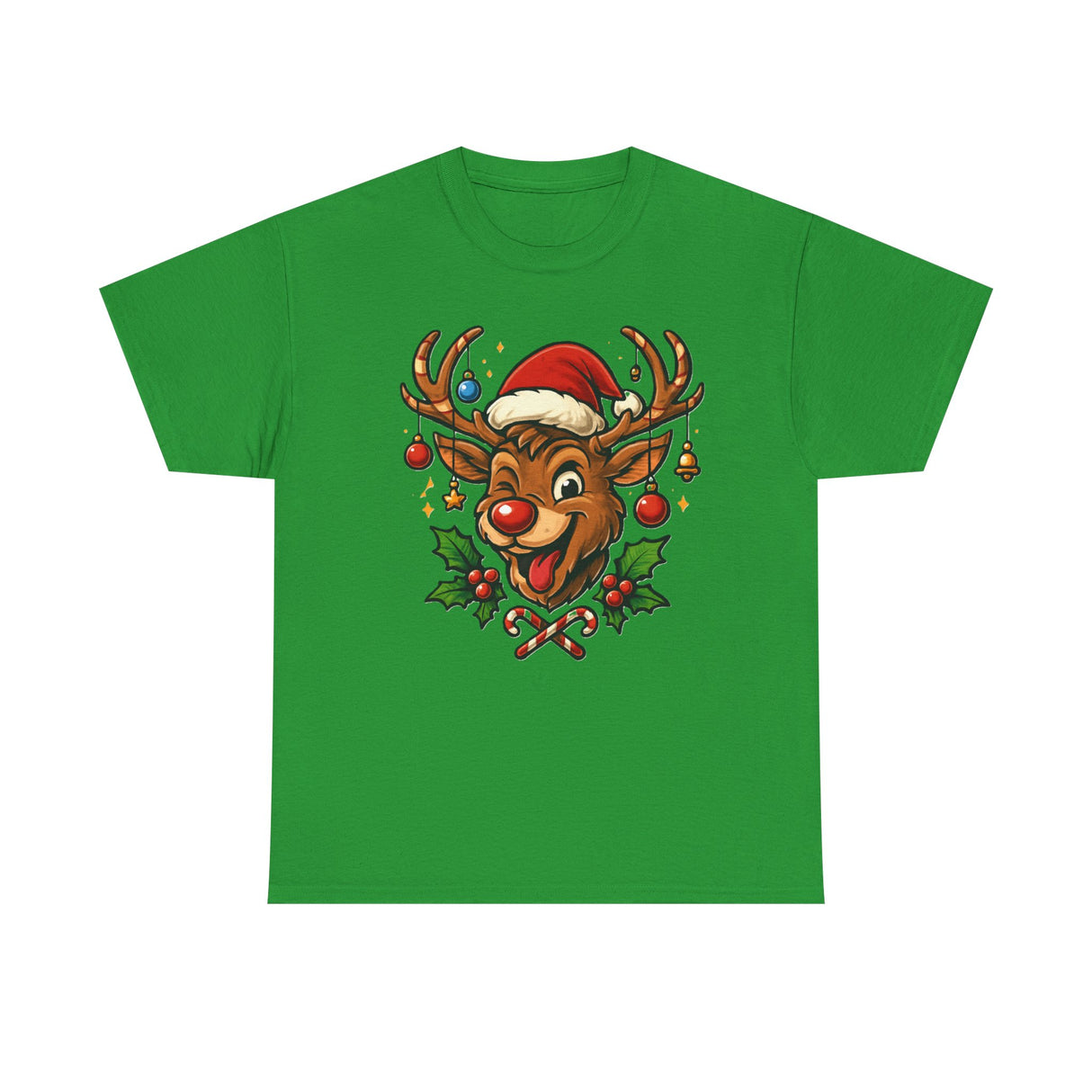 Model wearing the Christmas Reindeer Tee, smiling and enjoying the festive season with a playful spirit.