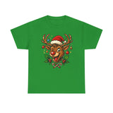 Model wearing the Christmas Reindeer Tee, smiling and enjoying the festive season with a playful spirit.