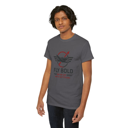 Fly Bold Graphic Tee featuring an inspiring aviation message for dreamers and pilots.