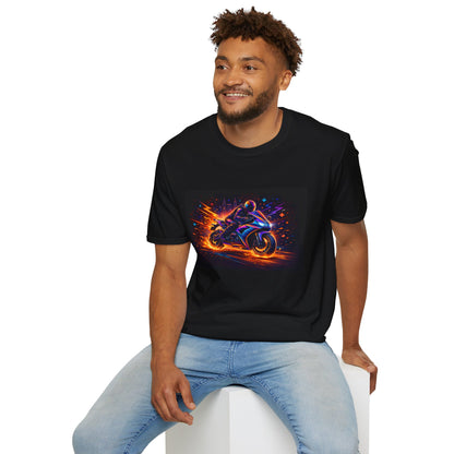  Motorcycle Flames T-Shirt Man wearing a black t-shirt with a colorful motorcycle graphic on a white background