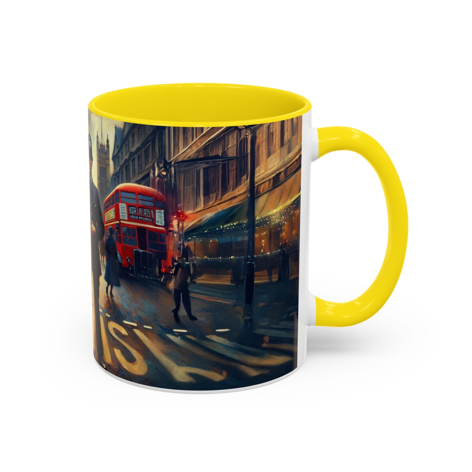 Vintage-Inspired Cityscape Accent Coffee Mug - 11oz &amp; 15oz presented with a floral arrangement.