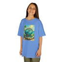 Kids Tee — Ocean Pearl Dolphin Shell Beach Graphic on a hanger showcasing the classic white crew neck design.