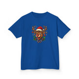 Close-up on the Kids Christmas Reindeer Tee — Cute Santa Hat Rudolph Holiday Shirt highlighting the festive color palette.