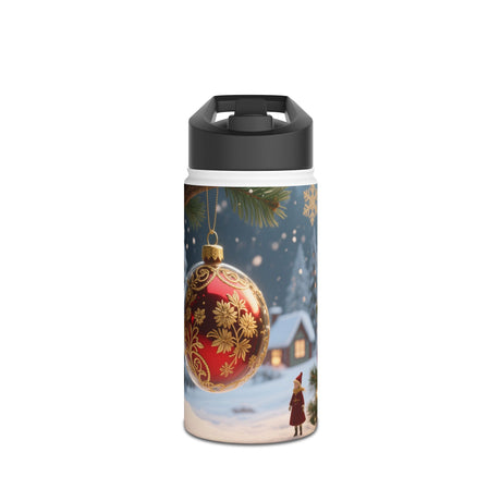 Holiday Ornament Christmas Water Bottle featuring a festive winter scene with snow-dusted pines and glowing ornaments.