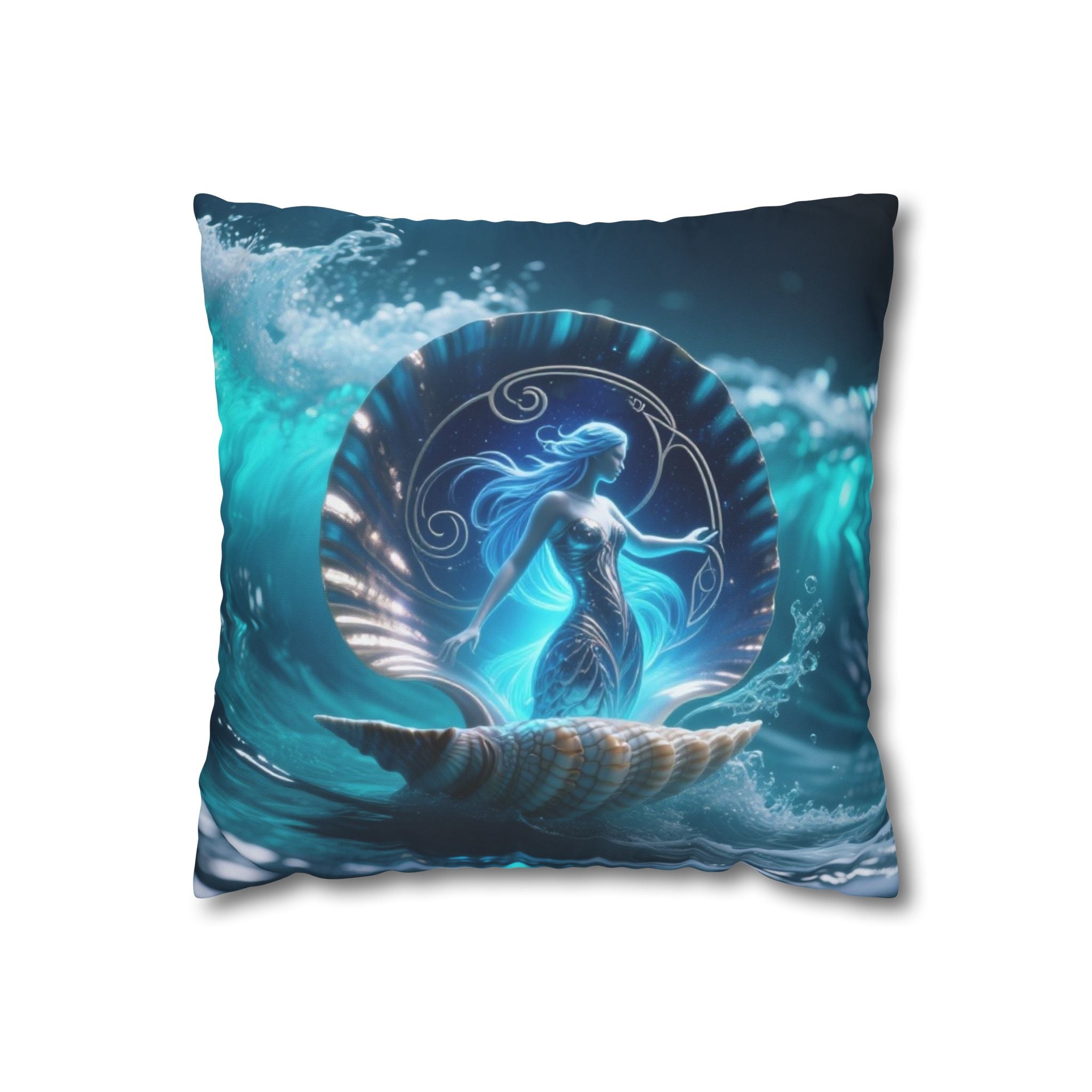 Ocean Goddess Decorative Pillow Cover — Mermaid Nautical Art Square Throw Pillowcase  16" × 16"