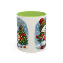 Christmas Snowman Coffee Mug sitting next to a plate of festive cookies, perfect for holiday gatherings.