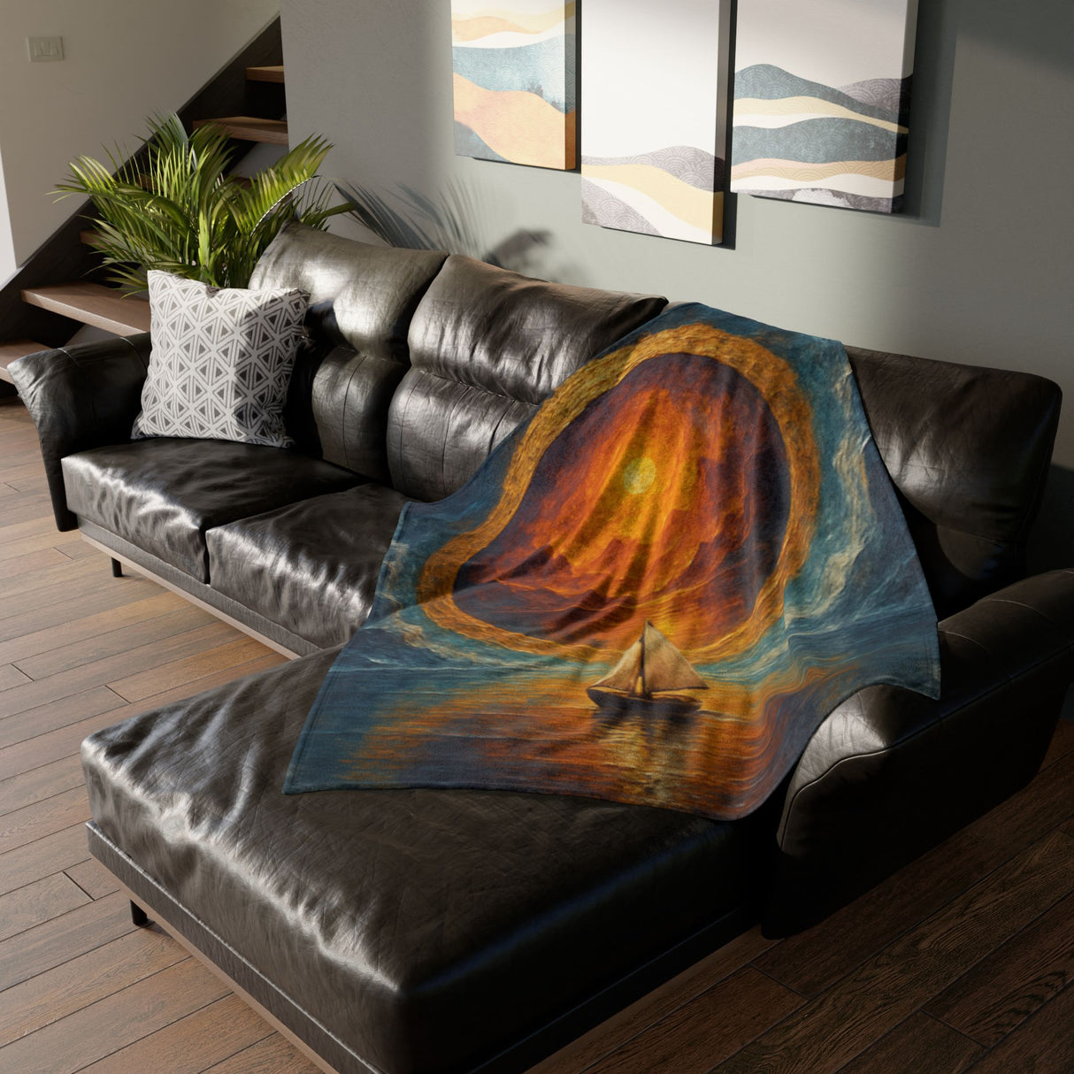 Sailing into the Sun Fleece Blanket displayed on a bed, emphasizing its warmth and artistic nautical sunset art.