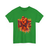 Model showcasing the Love Flames Graphic Tee — Fiery Embrace Romantic Couple T-Shirt while out and about in the city.