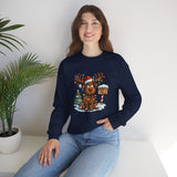 Cute North Pole Holiday Sweater Women Sweatshirt with images of a reindeer in festive lights and a snowy background.