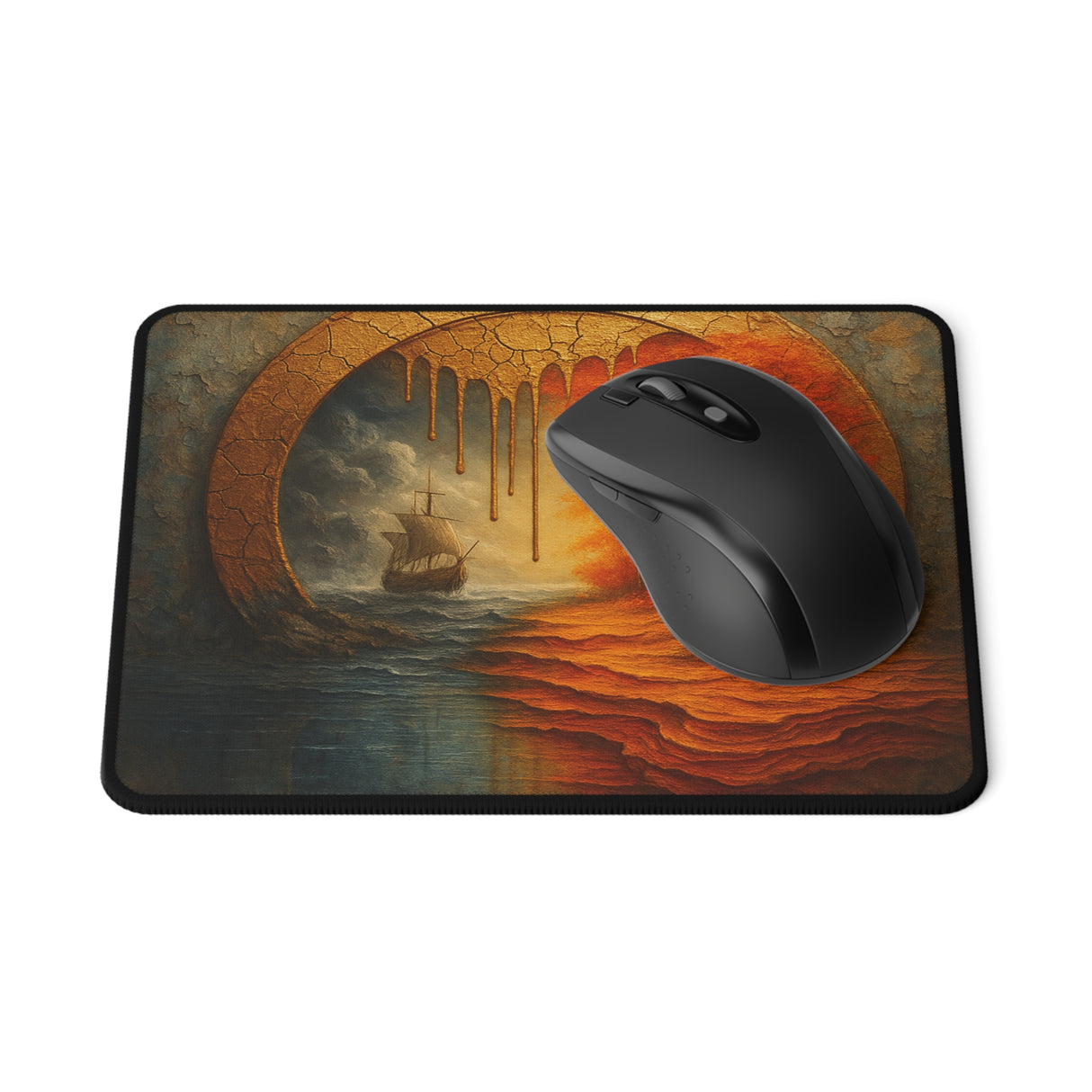 Autumn Voyage Gaming Mouse Pad featuring a mystical fall landscape with a weathered circular portal and a lone ship sailing between a stormy sea and birch-lit woodland.