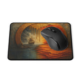 Autumn Voyage Gaming Mouse Pad featuring a mystical fall landscape with a weathered circular portal and a lone ship sailing between a stormy sea and birch-lit woodland.