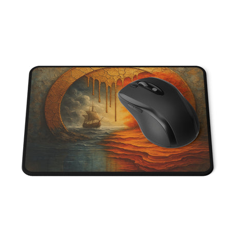 Autumn Voyage Gaming Mouse Pad featuring a mystical fall landscape with a weathered circular portal and a lone ship sailing between a stormy sea and birch-lit woodland.