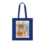 Playful view of the Christmas Reindeer Tote Bag next to winter attire, perfect for holiday shopping.