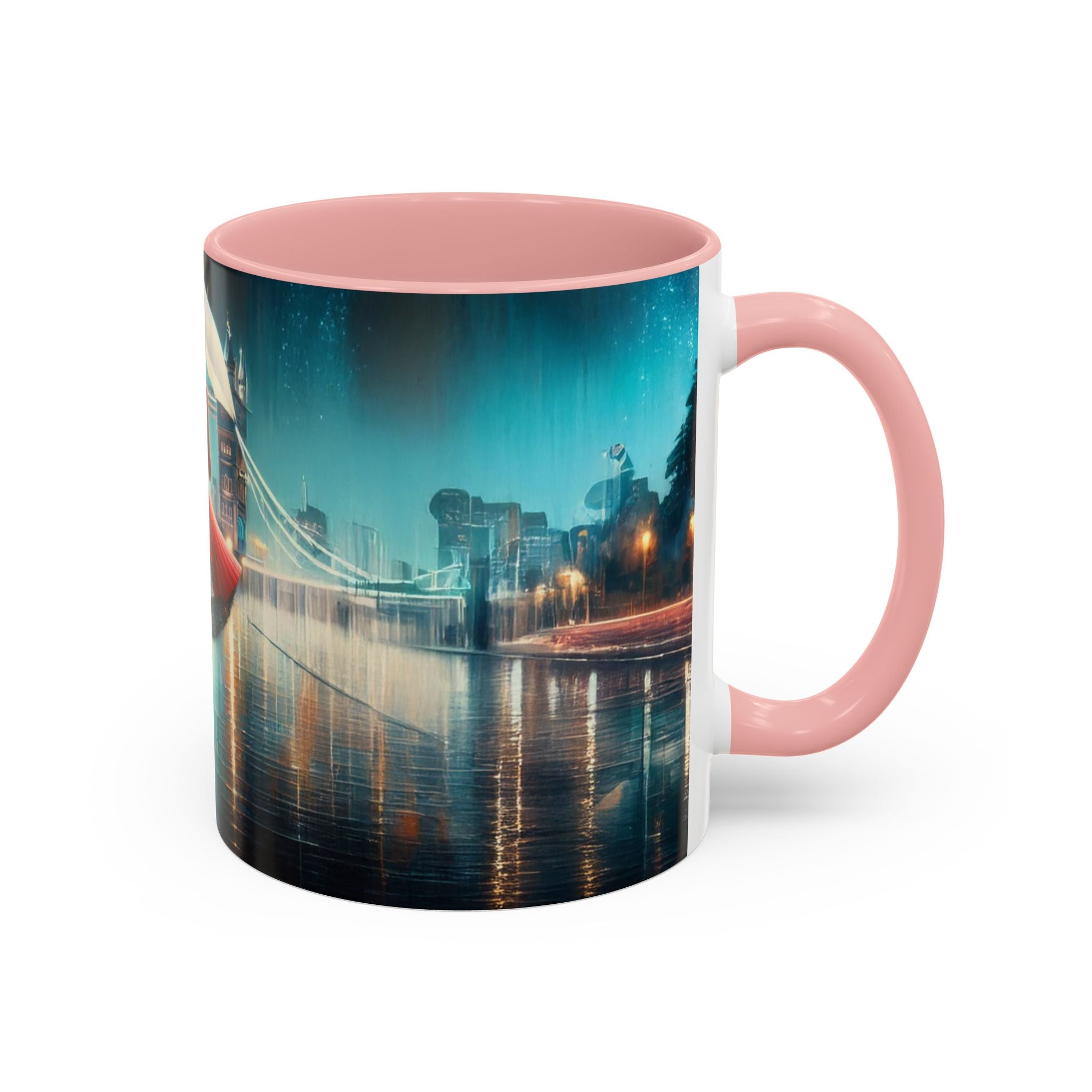 Glamorous Cityscape Coffee Mug displayed with various beverages, showcasing its microwave-safe feature.