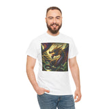 Side view of model in Dragon Compass Graphic Tee, illustrating the classic fit and unique design.