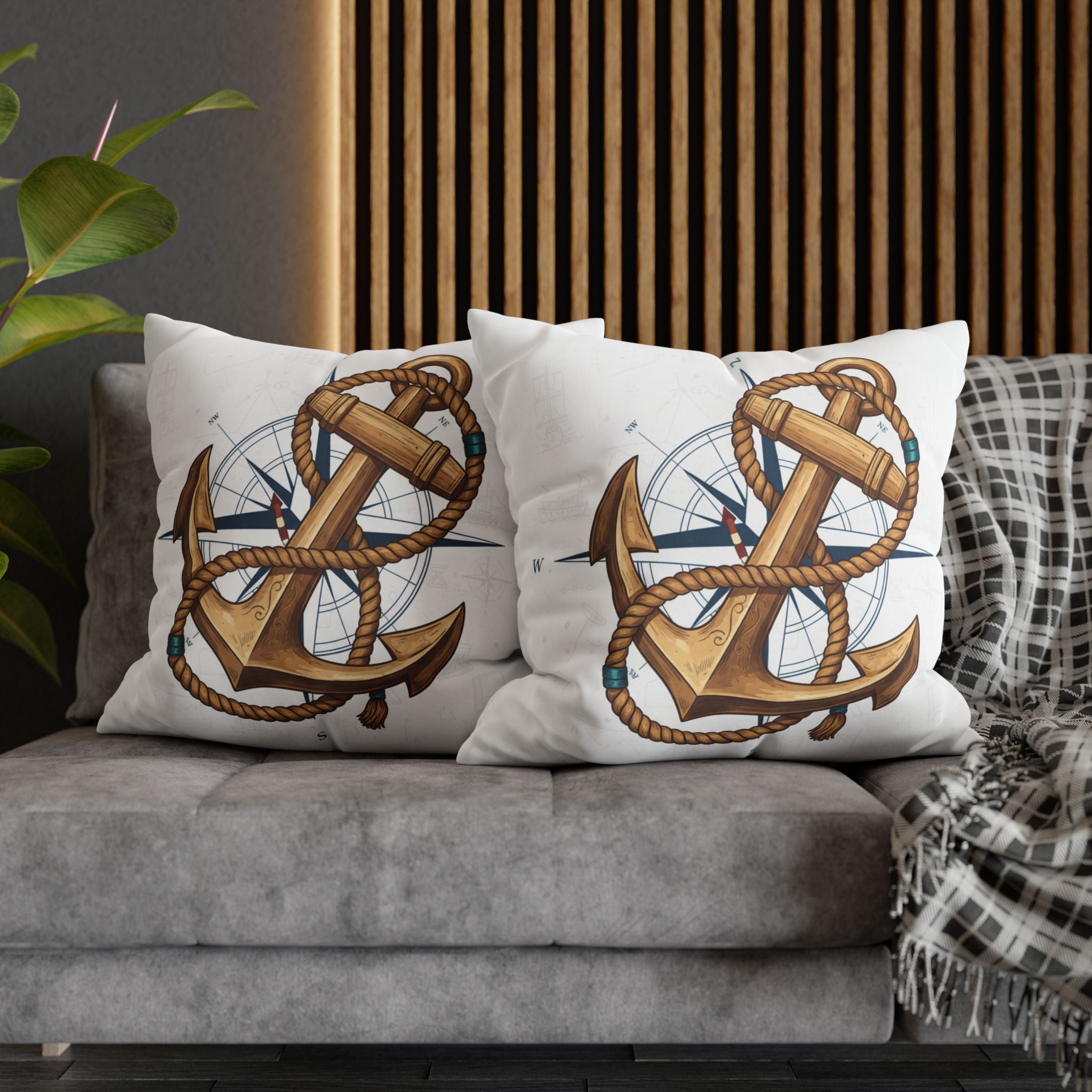 Nautical Anchor &amp; Compass Square Pillowcase — Coastal Sailor Decorative Throw Pillow