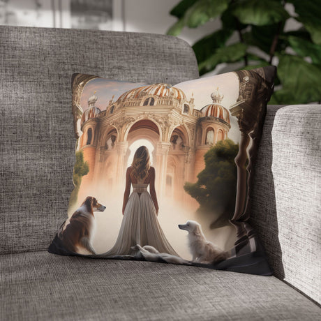 Fantasy Palace Pillowcase featuring a scenic square design with a dreamy palace and two dogs, 16" x 16" throw pillow by Printify.