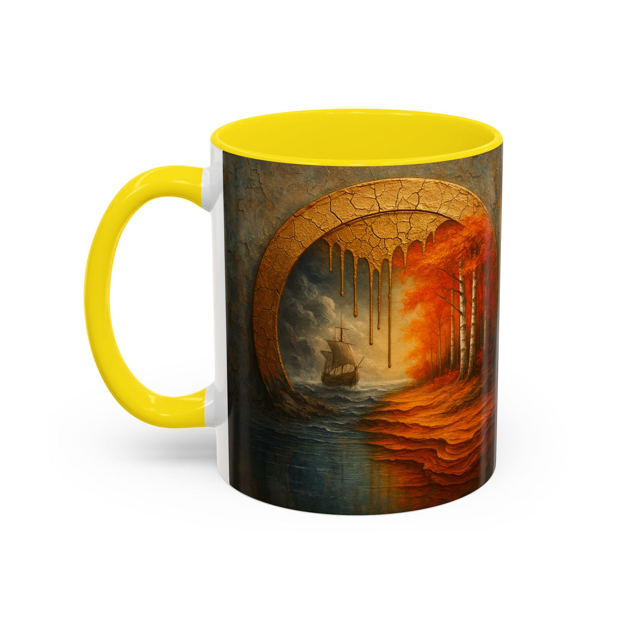 A stack of sketchbooks with an Autumn Portal Coffee Mug on top, perfect for creative minds.