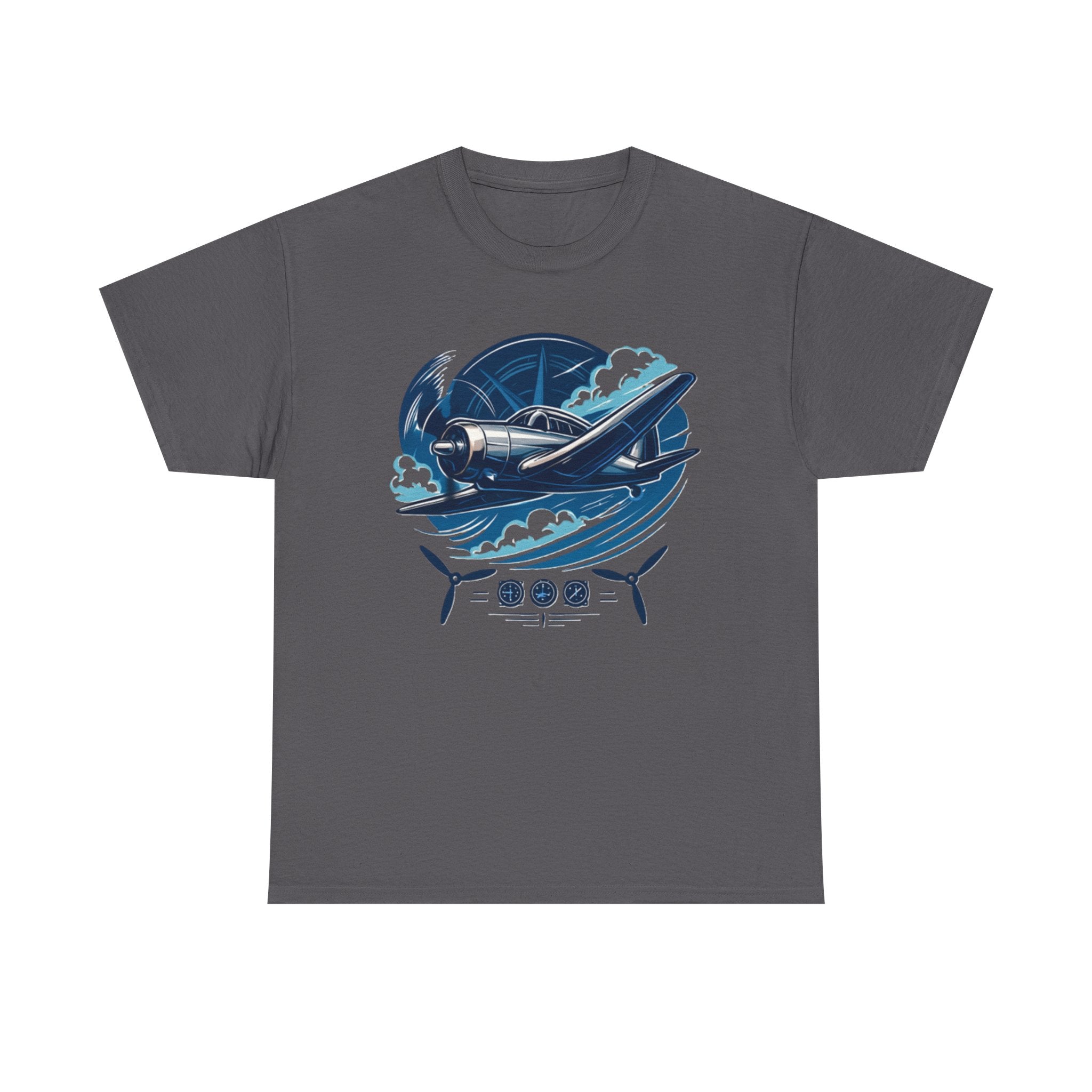 Flat lay of the Vintage Airplane Graphic Tee displaying the cool navy and sky-blue tones against white fabric.