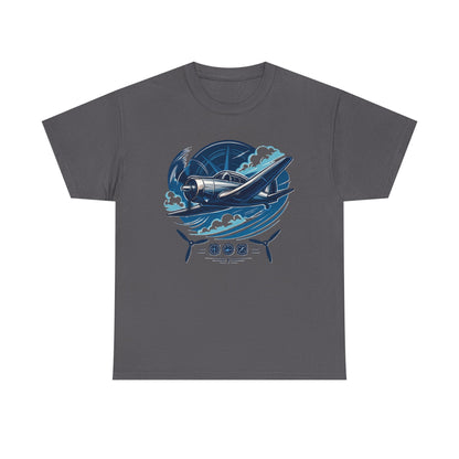 Flat lay of the Vintage Airplane Graphic Tee displaying the cool navy and sky-blue tones against white fabric.