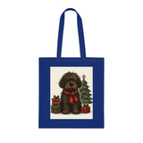 Cheerful Christmas Dog Tote Bag design with a fluffy pup, gifts, and winter vibes.