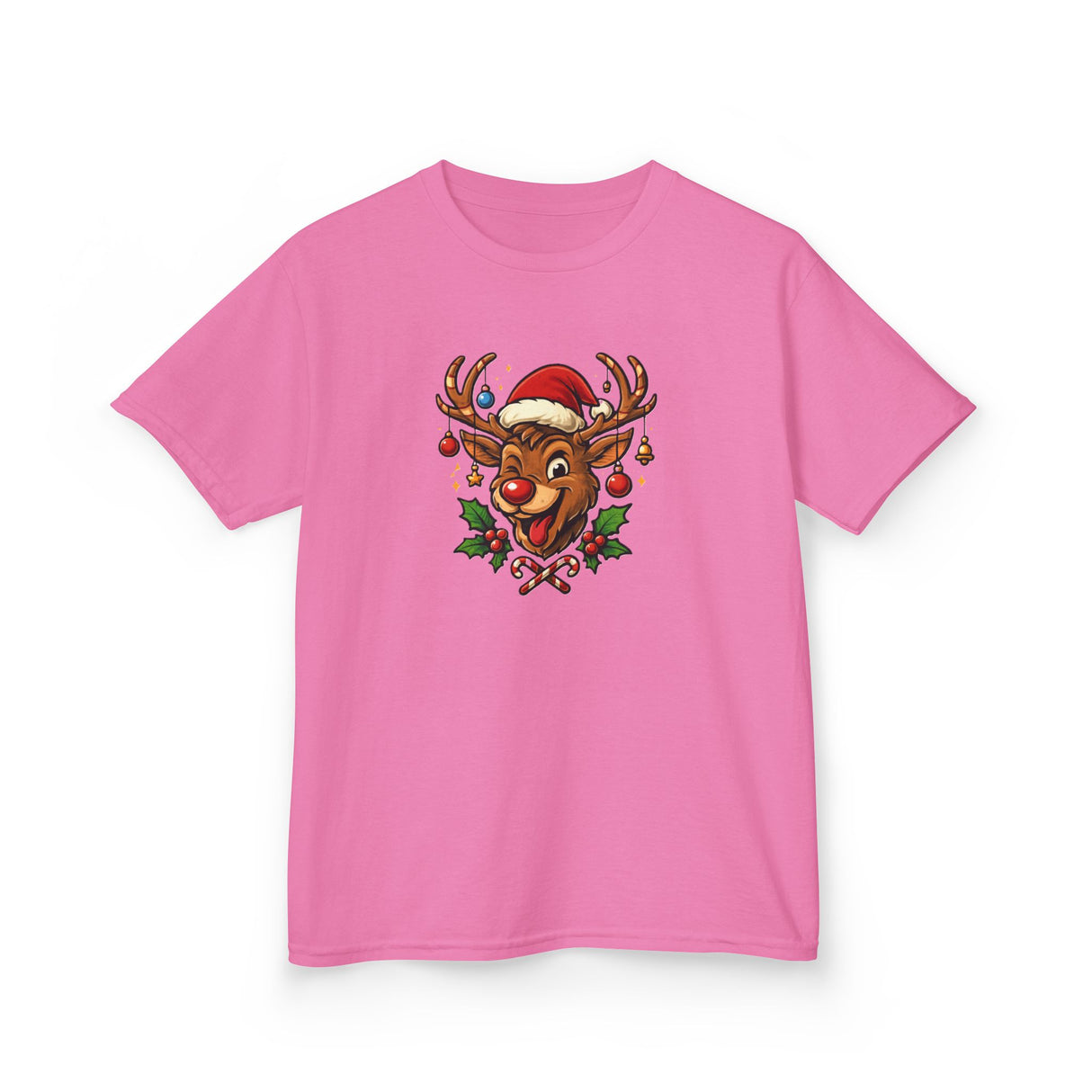 Kids Christmas Reindeer Tee — Cute Santa Hat Rudolph Holiday Shirt alongside holiday cookies and milk.