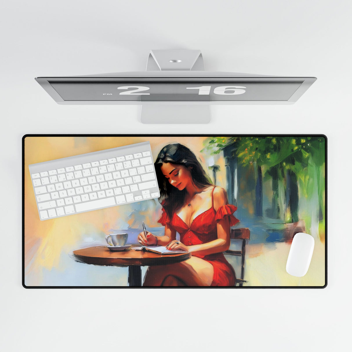 Detailed look at the Elegant Café Scene Desk Mat, emphasizing smooth surface and rubber base for stability during use.