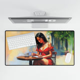 Detailed look at the Elegant Café Scene Desk Mat, emphasizing smooth surface and rubber base for stability during use.