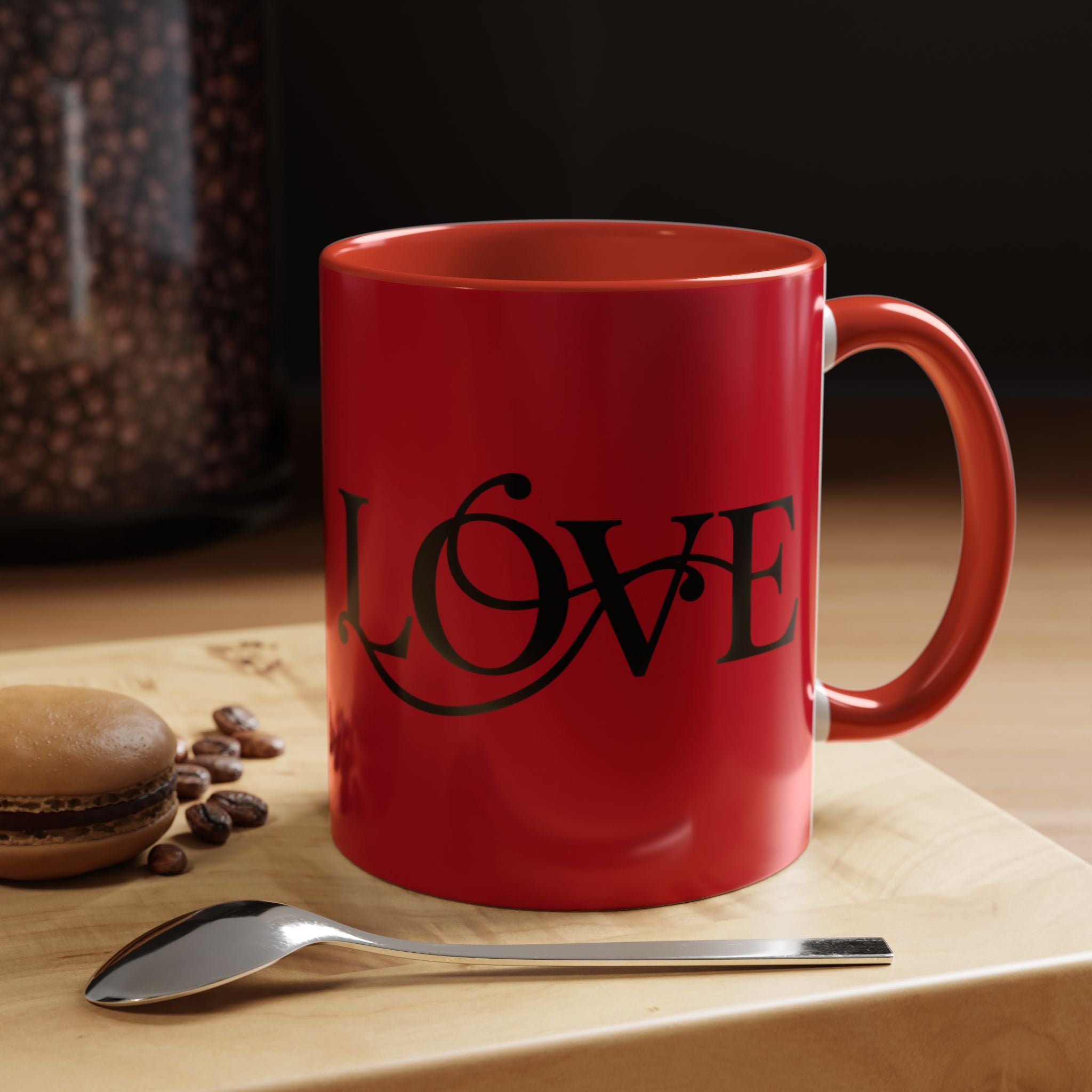 Love Script Accent Coffee Mug — Red &amp; Black Romantic Ceramic Coffee Cup (11oz)