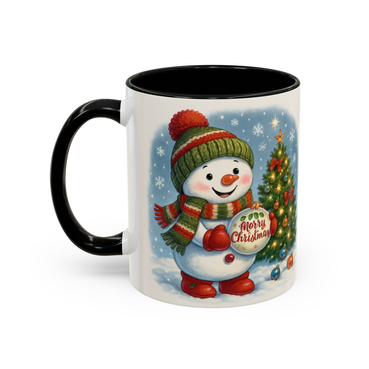 Christmas Snowman Coffee Mug being used in a cheerful holiday setting, capturing the spirit of the season.