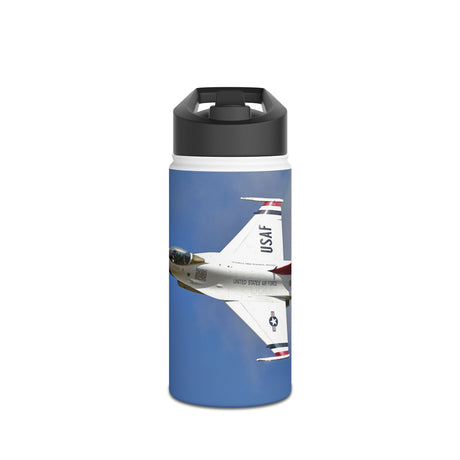 Thunderbirds USAF Jet Stainless Steel Water Bottle displayed with vibrant sky-blue design, showcasing military aviation flair.