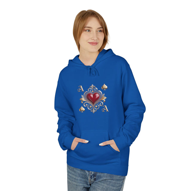 Ace of Hearts Decorative Hoodie with vintage playing card design, featuring a cozy jersey-lined hood and relaxed fit.