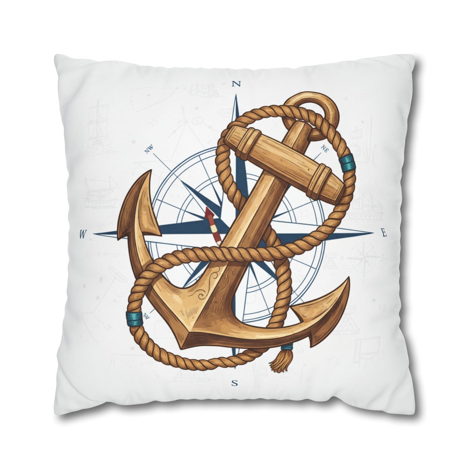 Nautical Anchor &amp; Compass Square Pillowcase — Coastal Sailor Decorative Throw Pillow