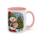 Christmas Snowman Coffee Mug showcased with decorative winter wonderland background, perfect for seasonal festivities.