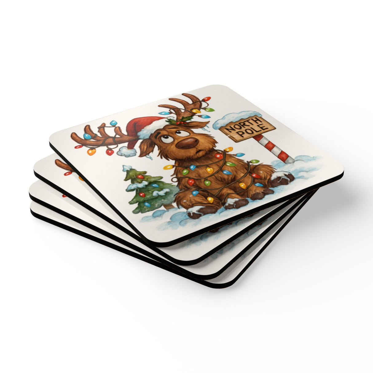 Close-up of the North Pole Holiday Drink Coaster with glossy finish featuring playful reindeer design.