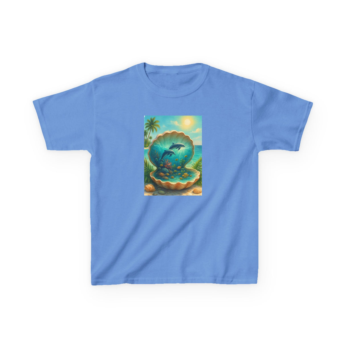 Kids Tee — Ocean Pearl Dolphin Shell Beach Graphic on a child, emphasizing the quality and comfort of US-grown cotton.