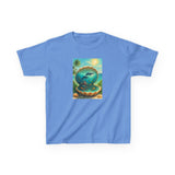 Kids Tee — Ocean Pearl Dolphin Shell Beach Graphic on a child, emphasizing the quality and comfort of US-grown cotton.