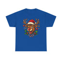 Lifestyle shot of a person wearing the Christmas Reindeer Tee, spreading holiday cheer with Rudolph's adorable face.