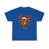 Lifestyle shot of a person wearing the Christmas Reindeer Tee, spreading holiday cheer with Rudolph's adorable face.