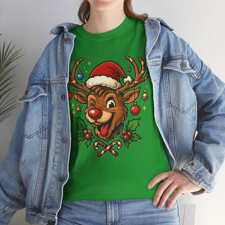 Christmas Reindeer Tee featuring a cute Rudolph face with Santa hat, designed with holly and candy canes.