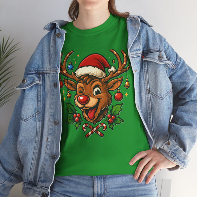 Christmas Reindeer Tee featuring a cute Rudolph face with Santa hat, designed with holly and candy canes.