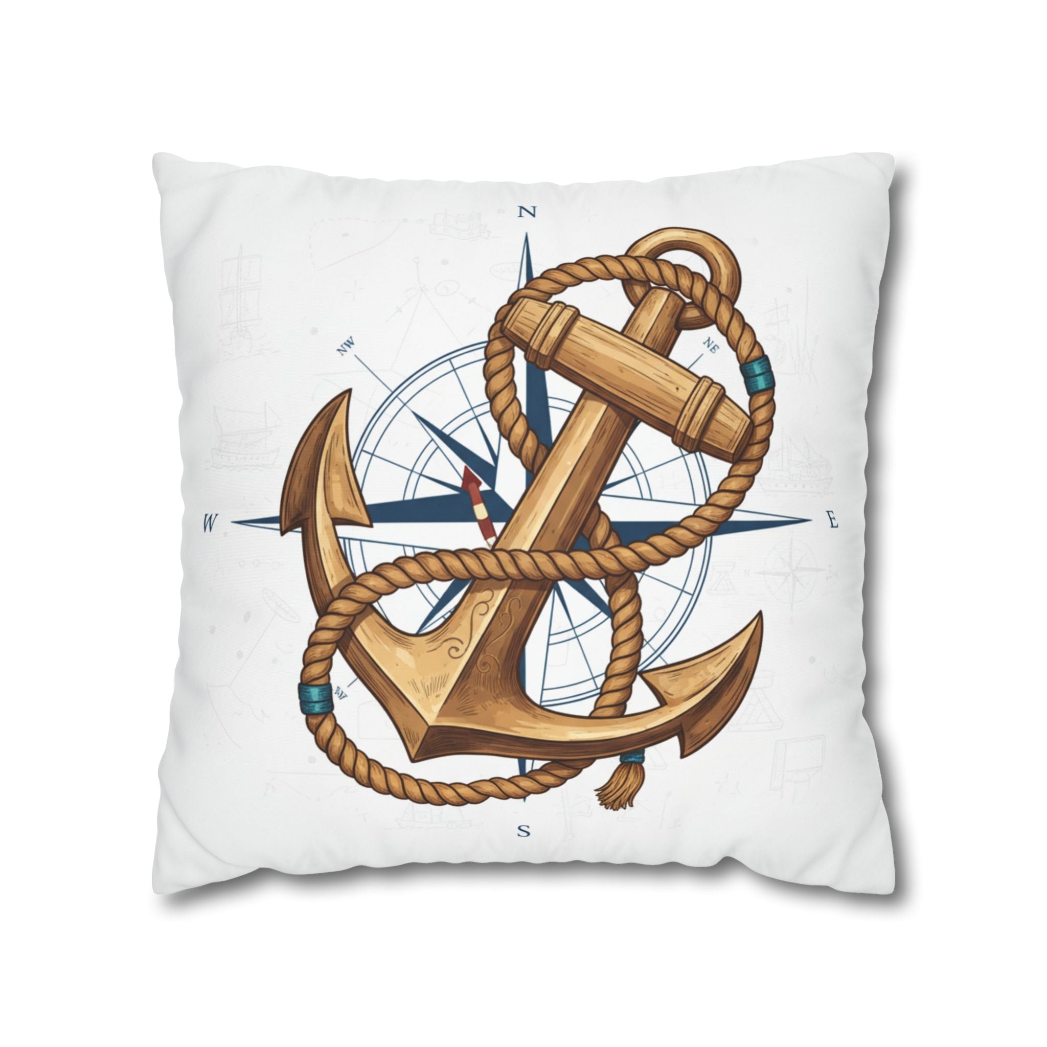 Nautical Anchor &amp; Compass Square Pillowcase — Coastal Sailor Decorative Throw Pillow