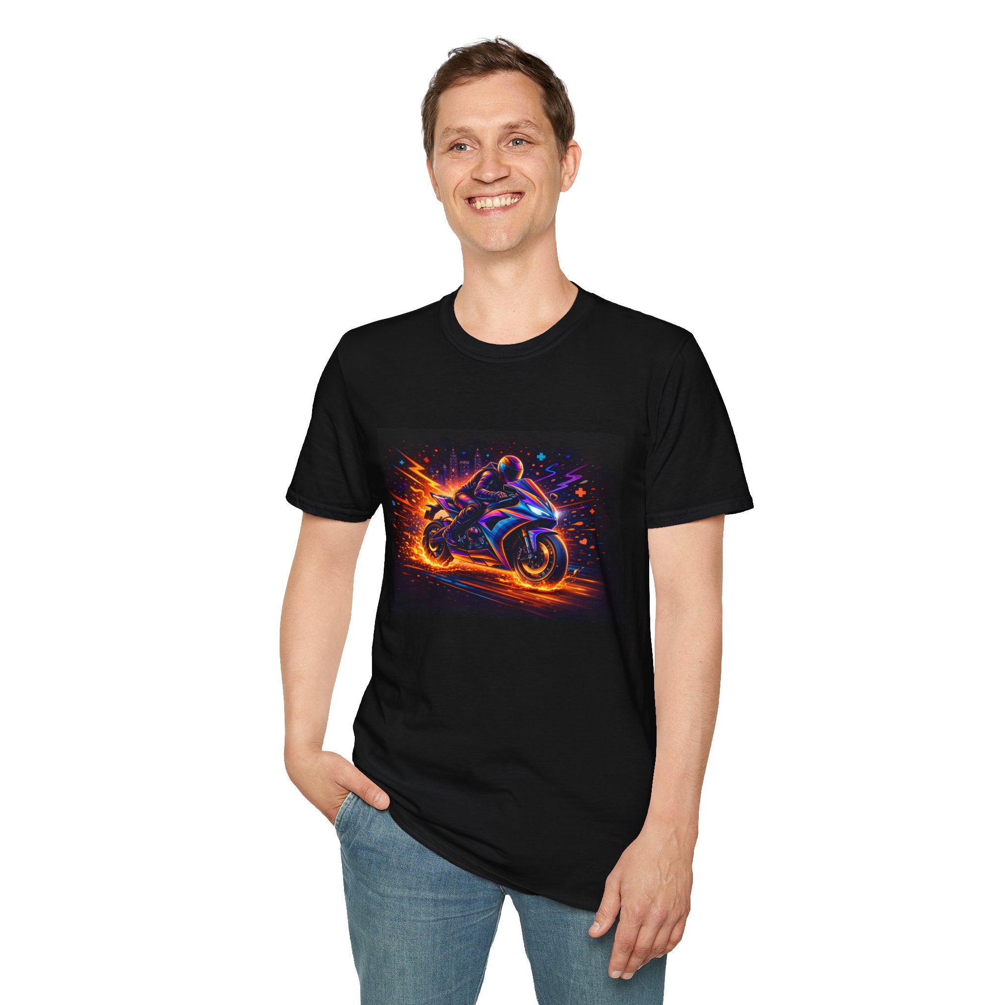  Motorcycle Flames T-Shirt  Man wearing a black t-shirt with a colorful motorcycle graphic on a white background